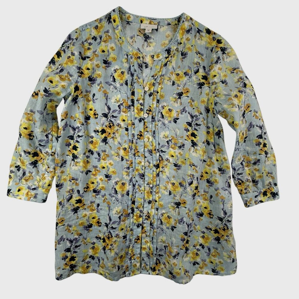 J Jill Love Linen Floral Tunic Shirt Women XS Blue Pleated 3/4 Sleeves Top
